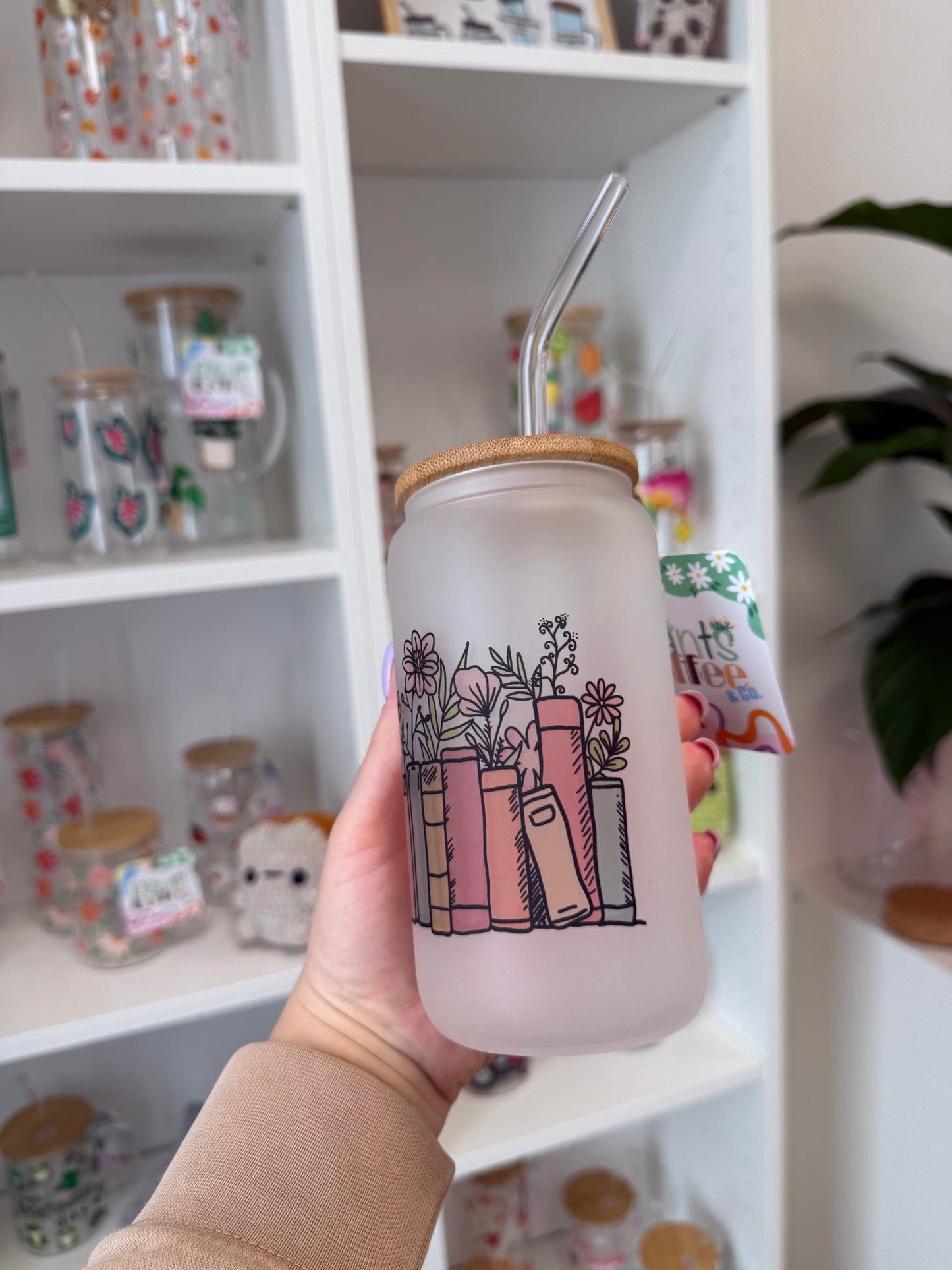 Glass Cup "Flower Books“ milchig 16oz