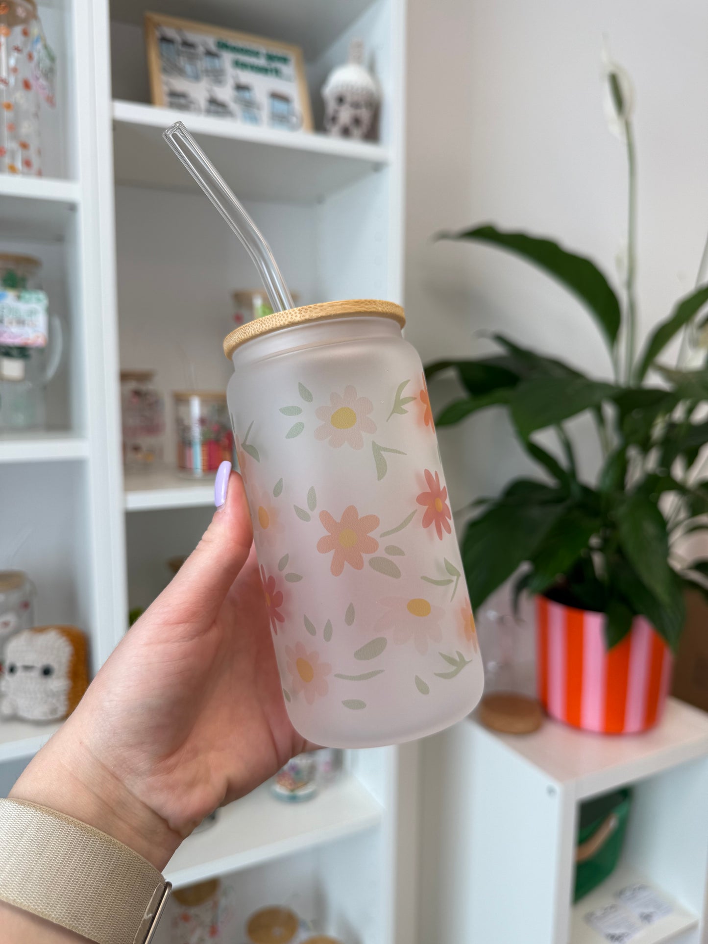 Glass Cup "Pink Flowers“ milchig 16oz