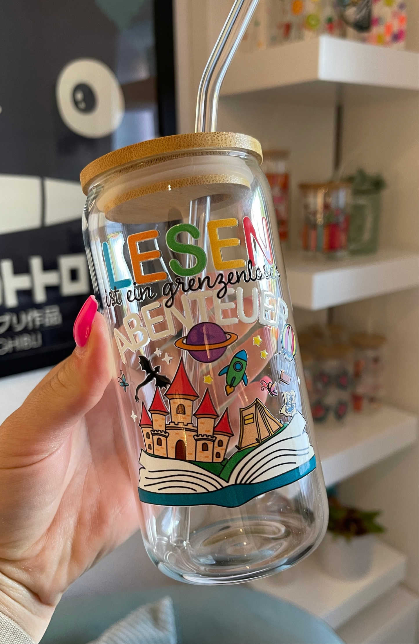 Glass Cup "Adventure Reading" 16oz