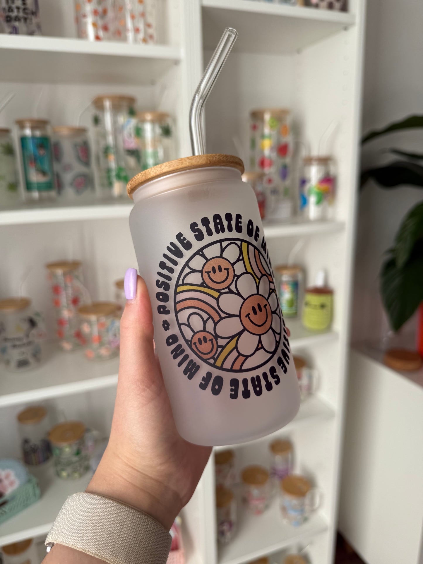 Glass Cup "Positiv Mind“ milchig 16oz