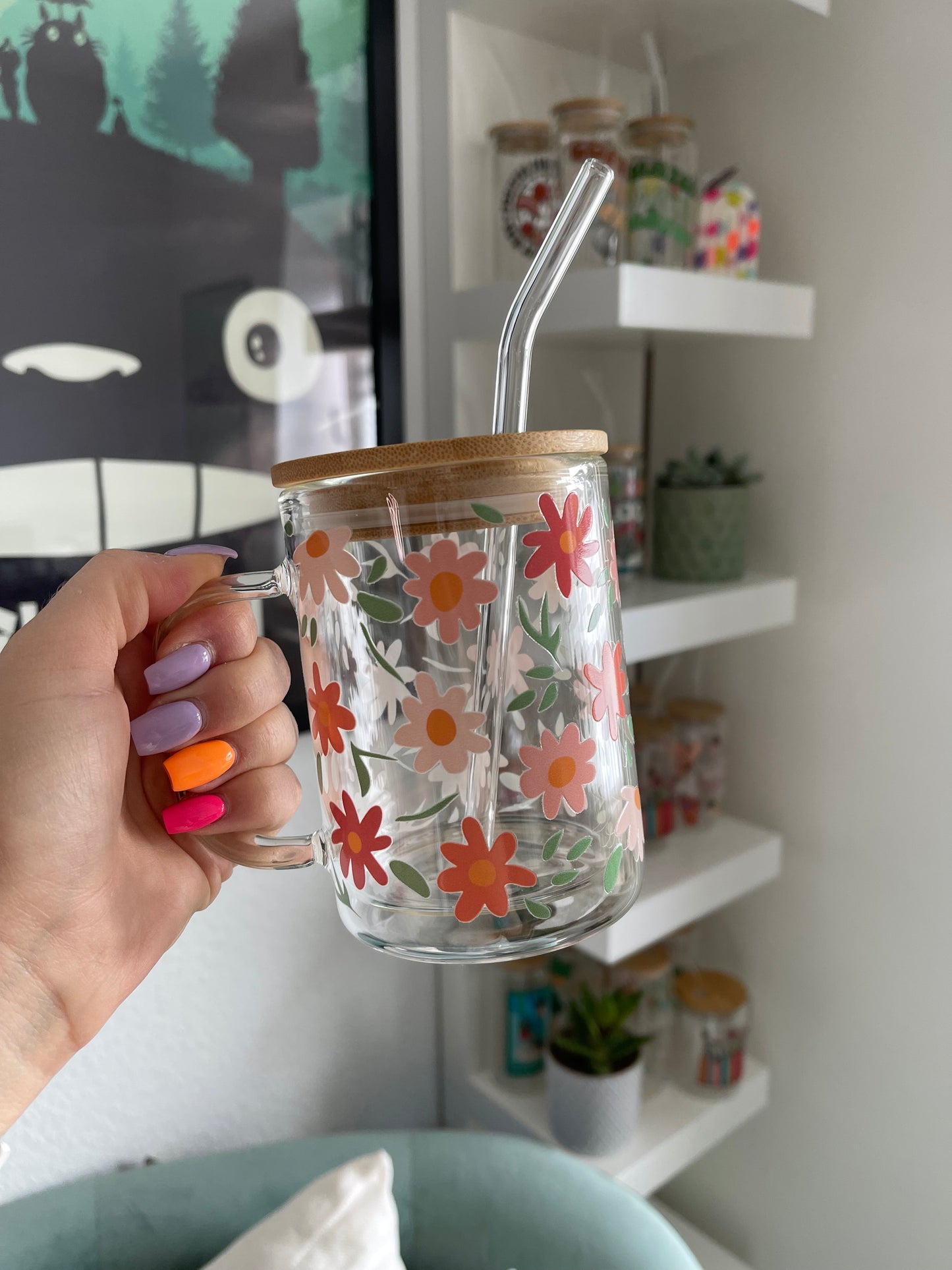 Glass Mug "Pink flowers“ double-walled 15oz