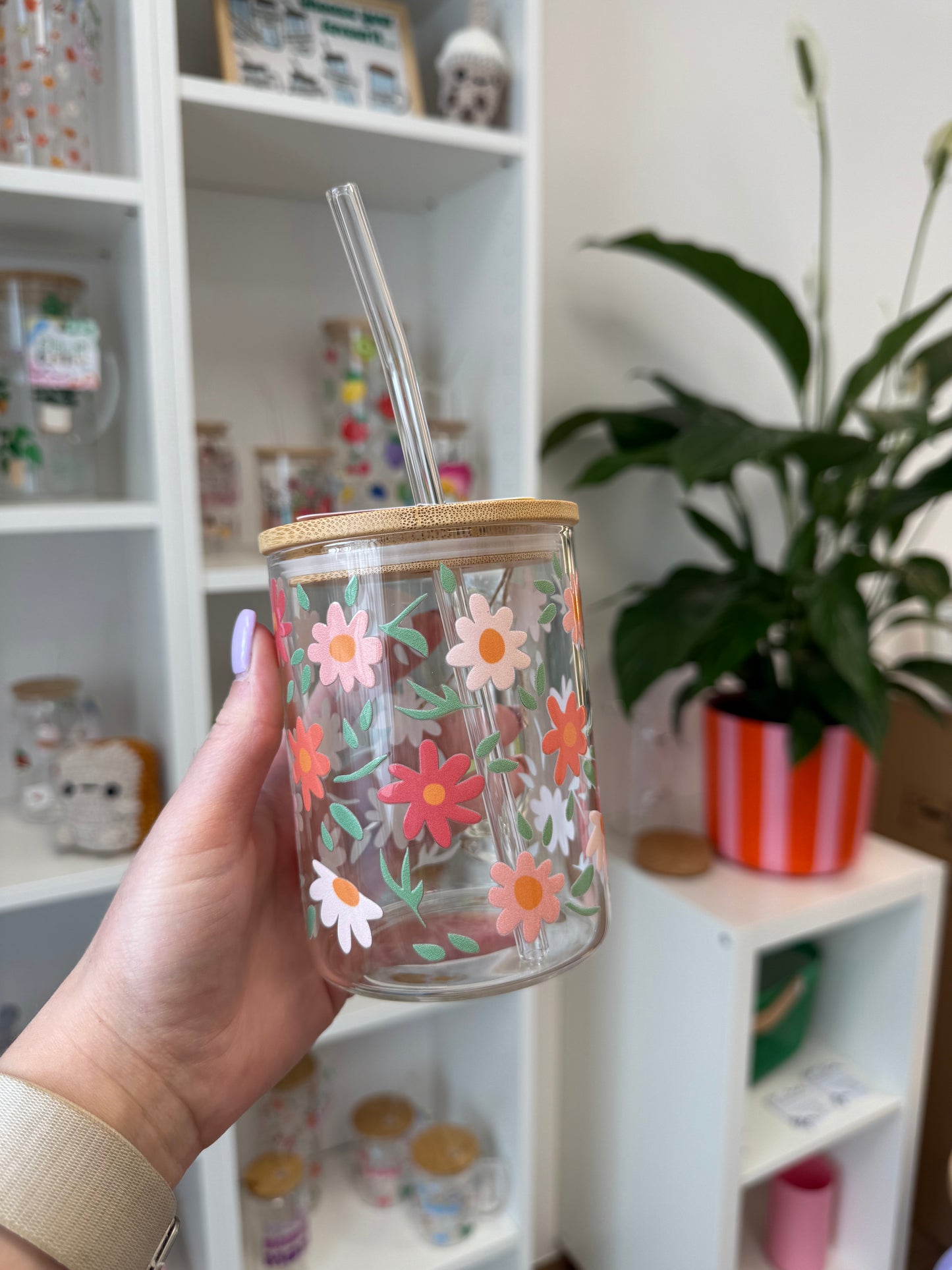 Glass Mug "Pink Flowers" 17oz