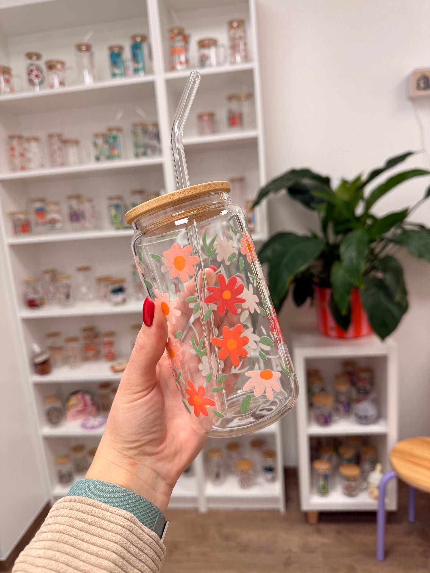 Glass Cup "Pink flowers“ 16oz