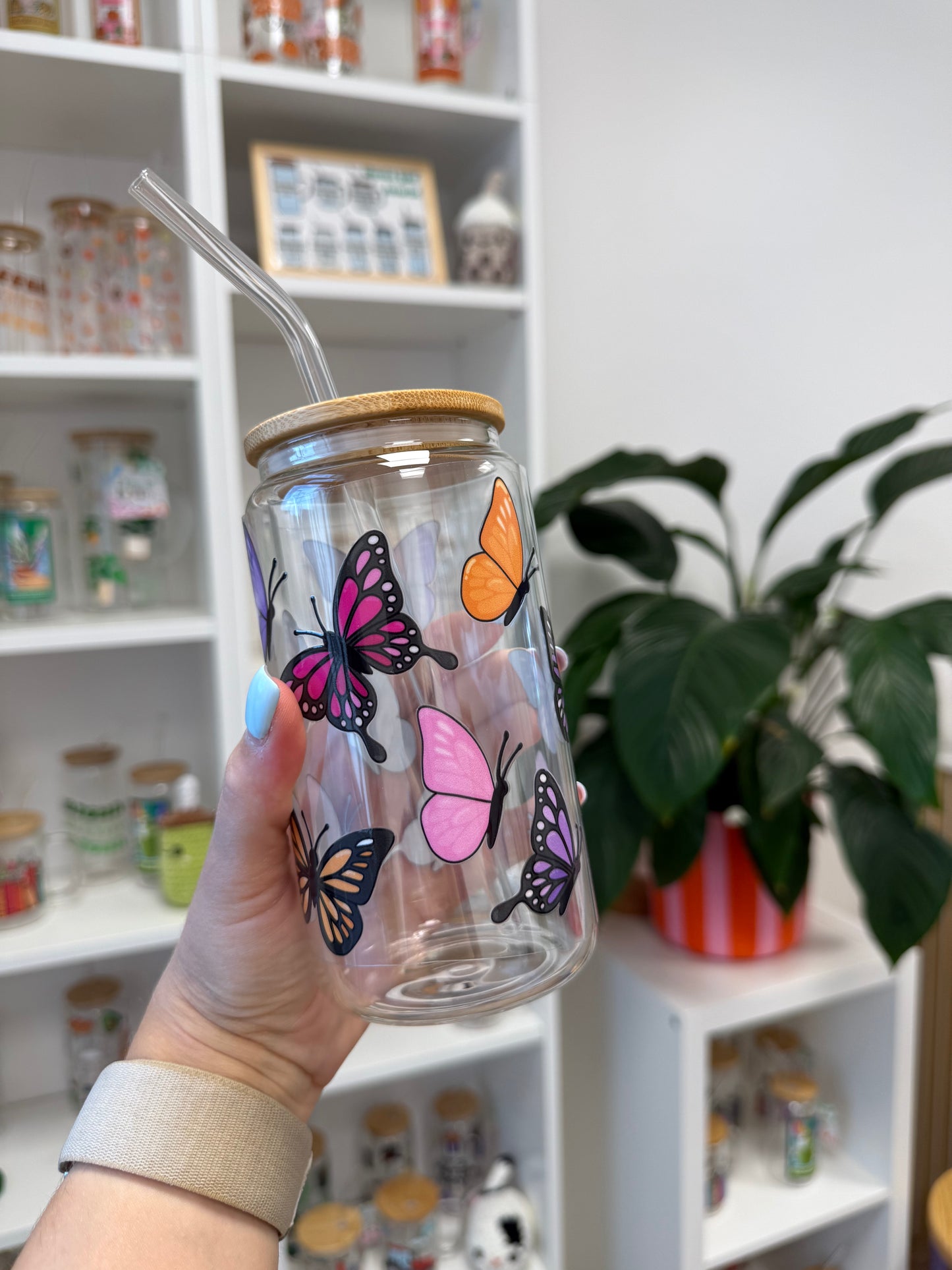 Glass Cup "Butterfly pink“ 16oz