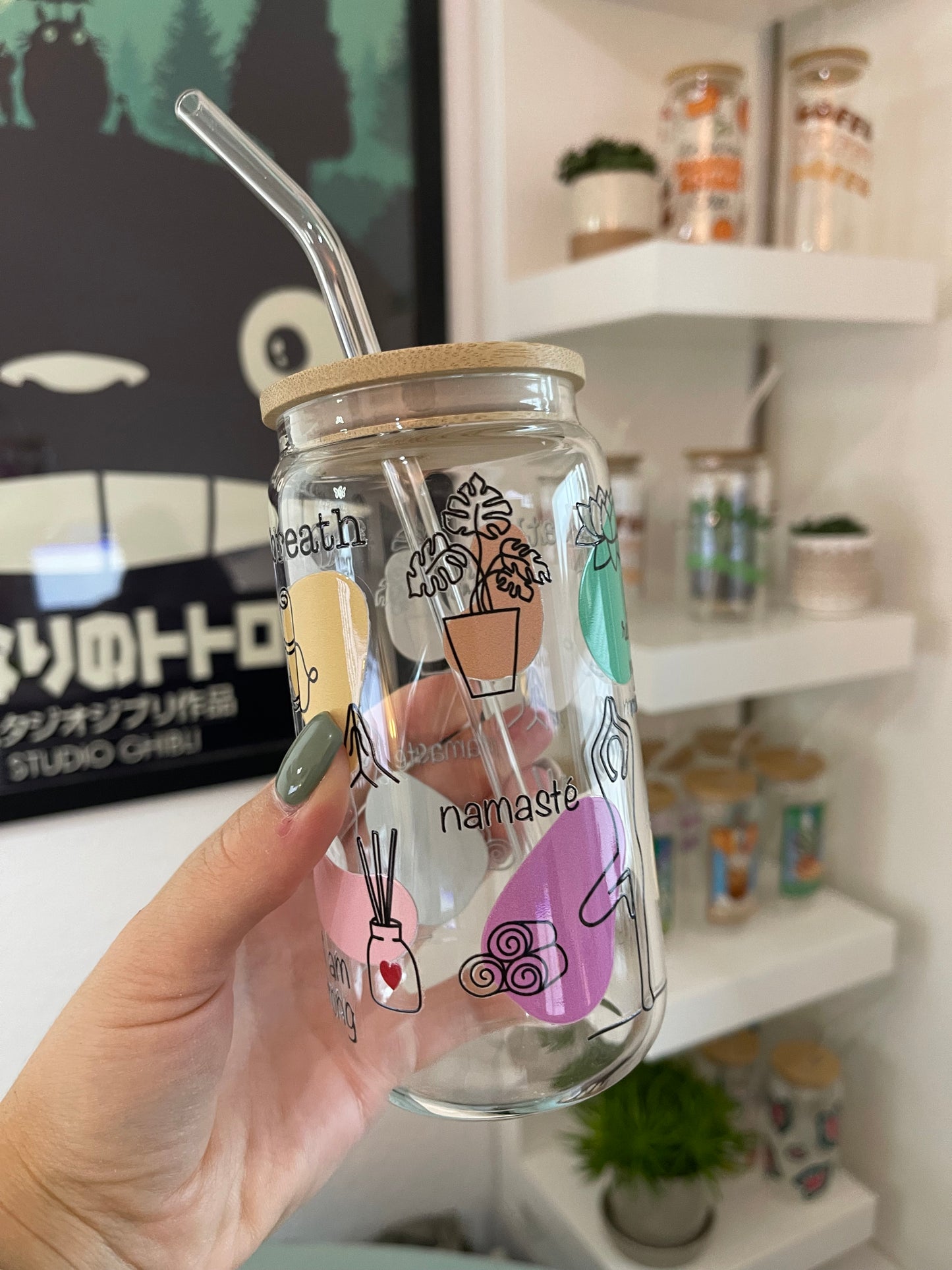 Glass Cup "Yoga" 16oz verschiedene Farben