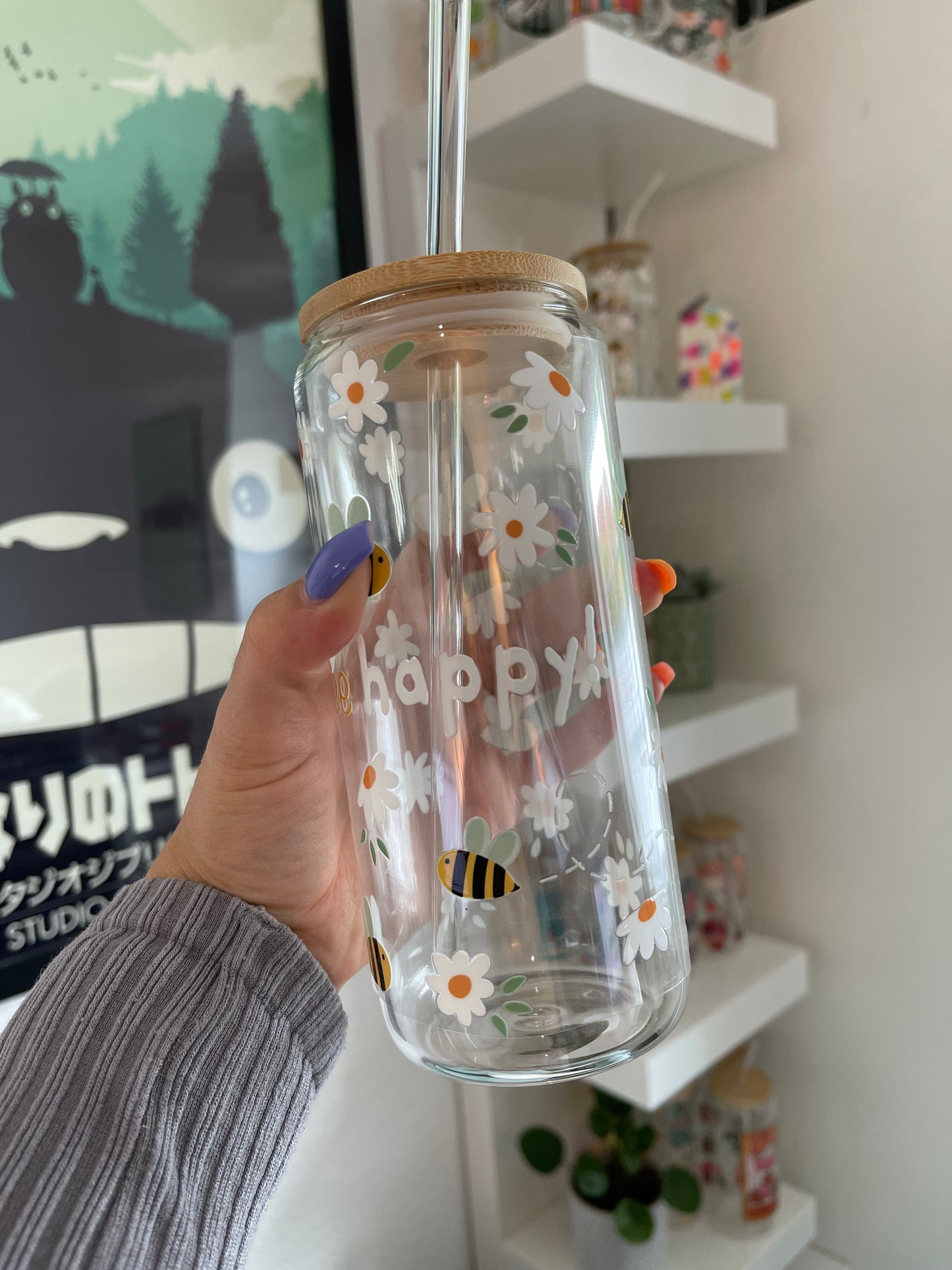 Glass Cup "Bee happy“ 20oz