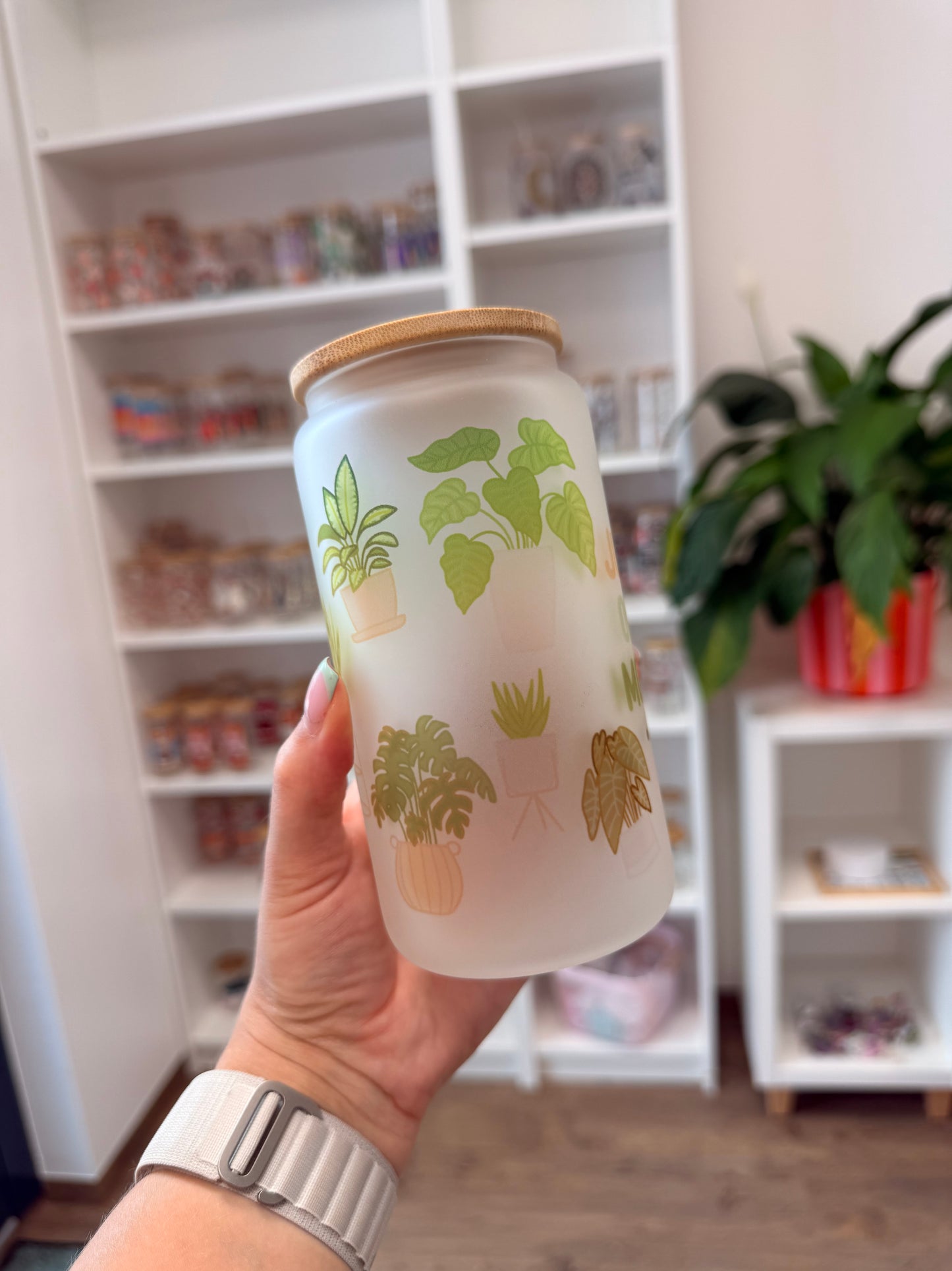 B-Ware* Glass Cup "Just one more plant“ milchig 16oz