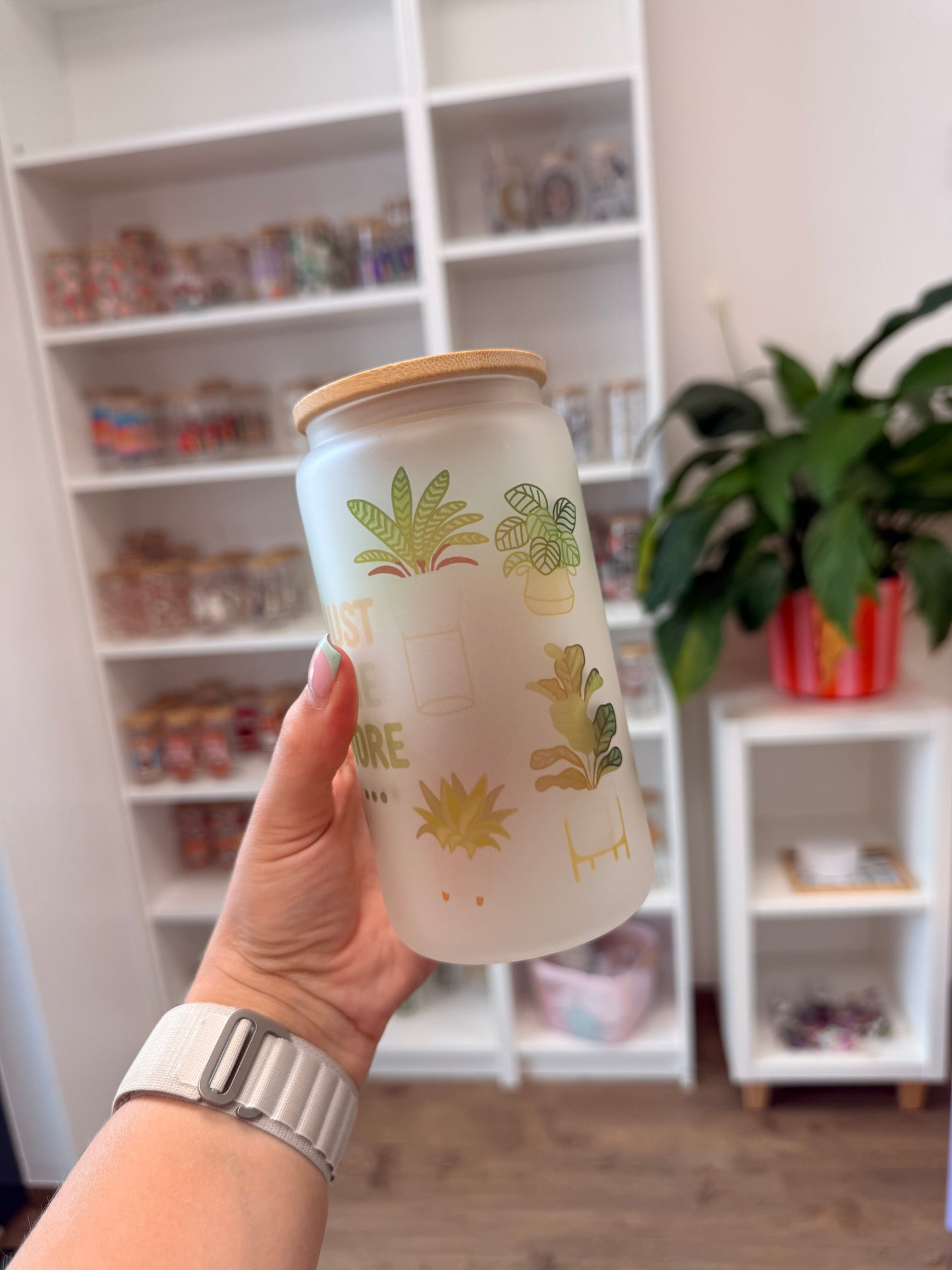 B-Ware* Glass Cup "Just one more plant“ milchig 16oz