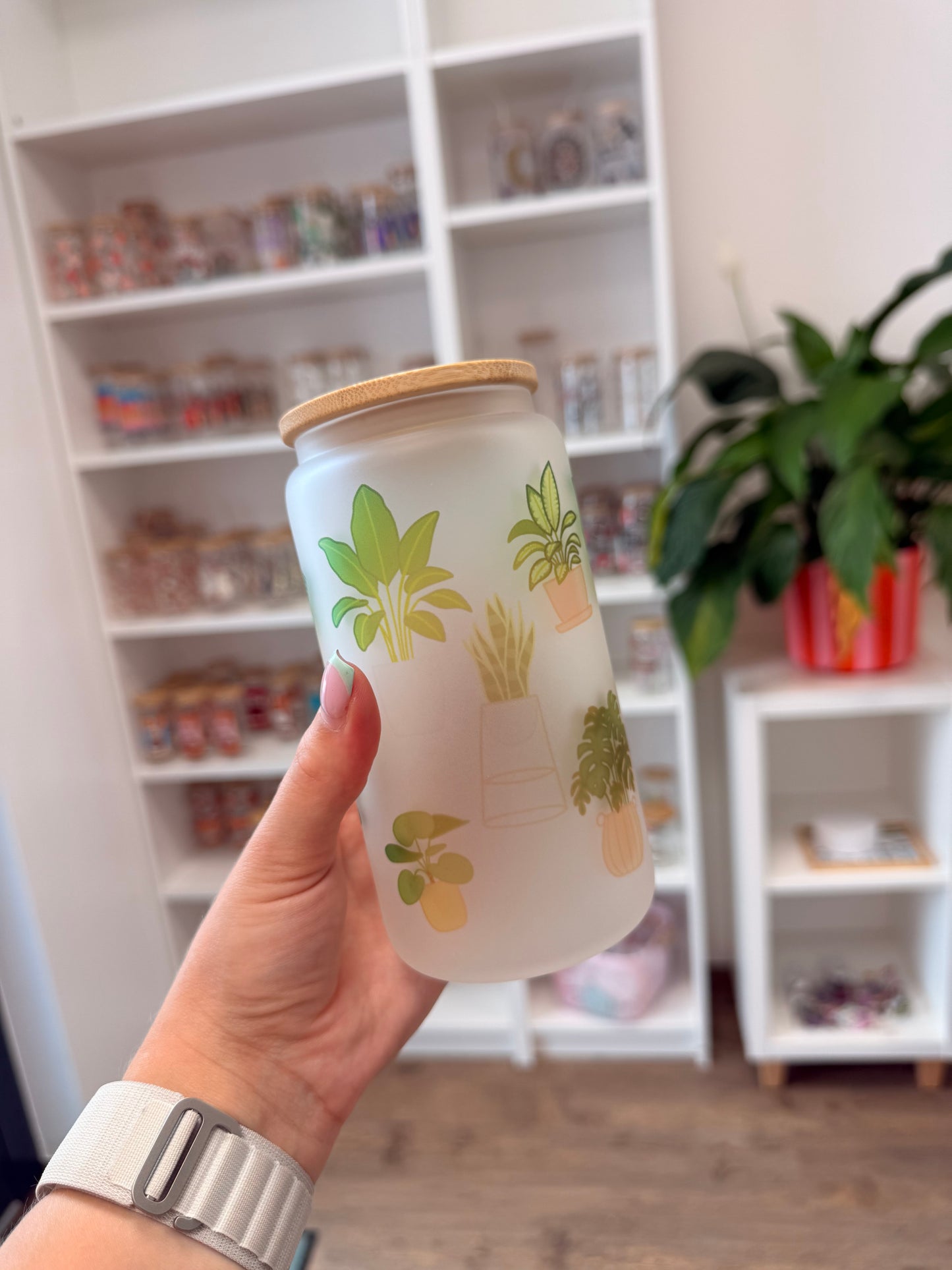 B-Ware* Glass Cup "Just one more plant“ milchig 16oz