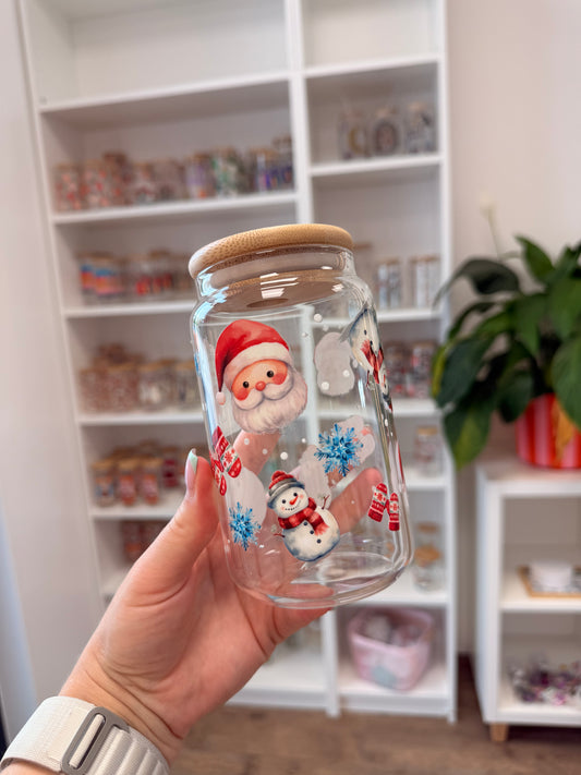 Glass Cup "Santa & Snowman" 16oz