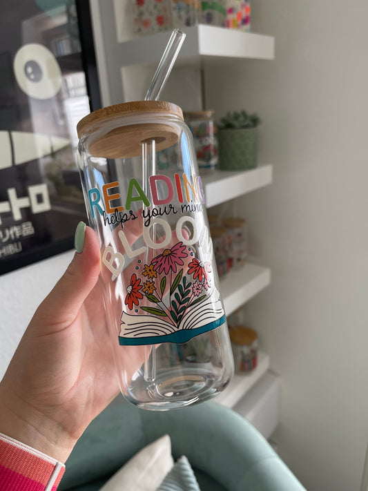 Glass Cup "Reading helps your mind bloom“ 22oz