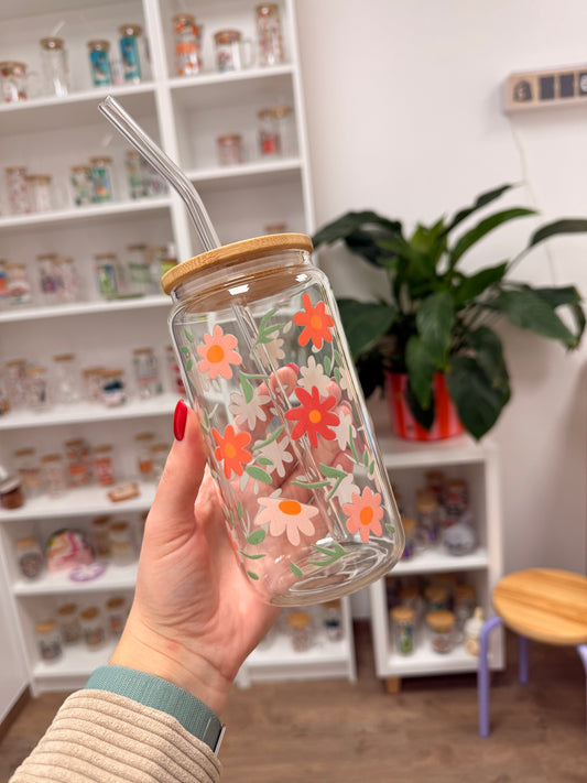 Glass Cup "Pink flowers“ 16oz