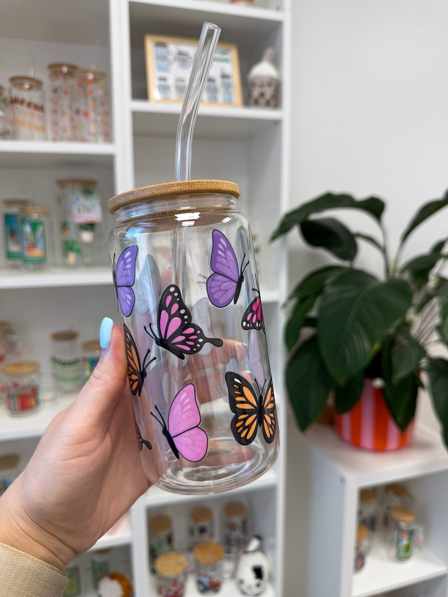 Glass Cup "Butterfly pink“ 16oz