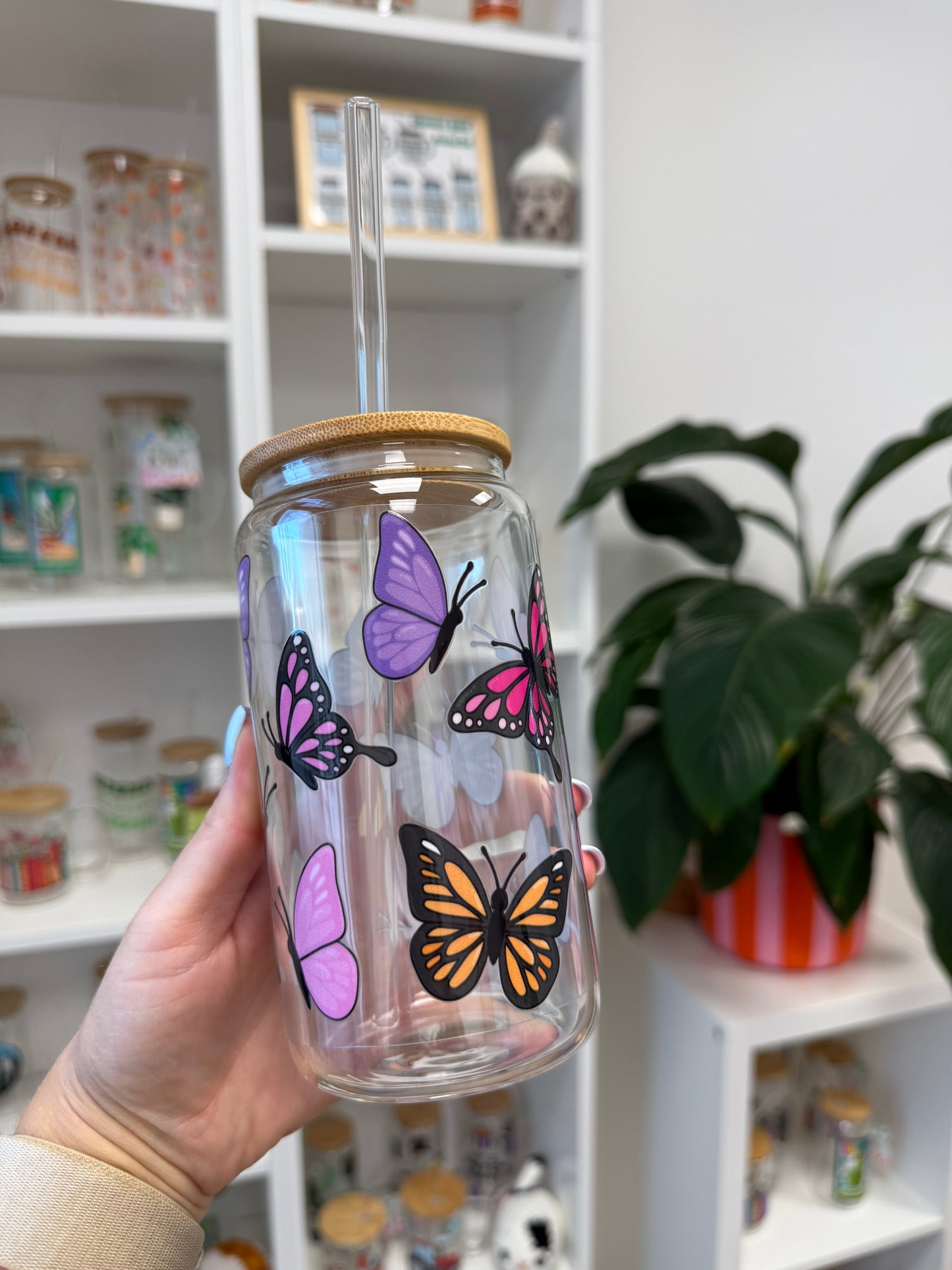 Glass Cup "Butterfly pink“ 16oz