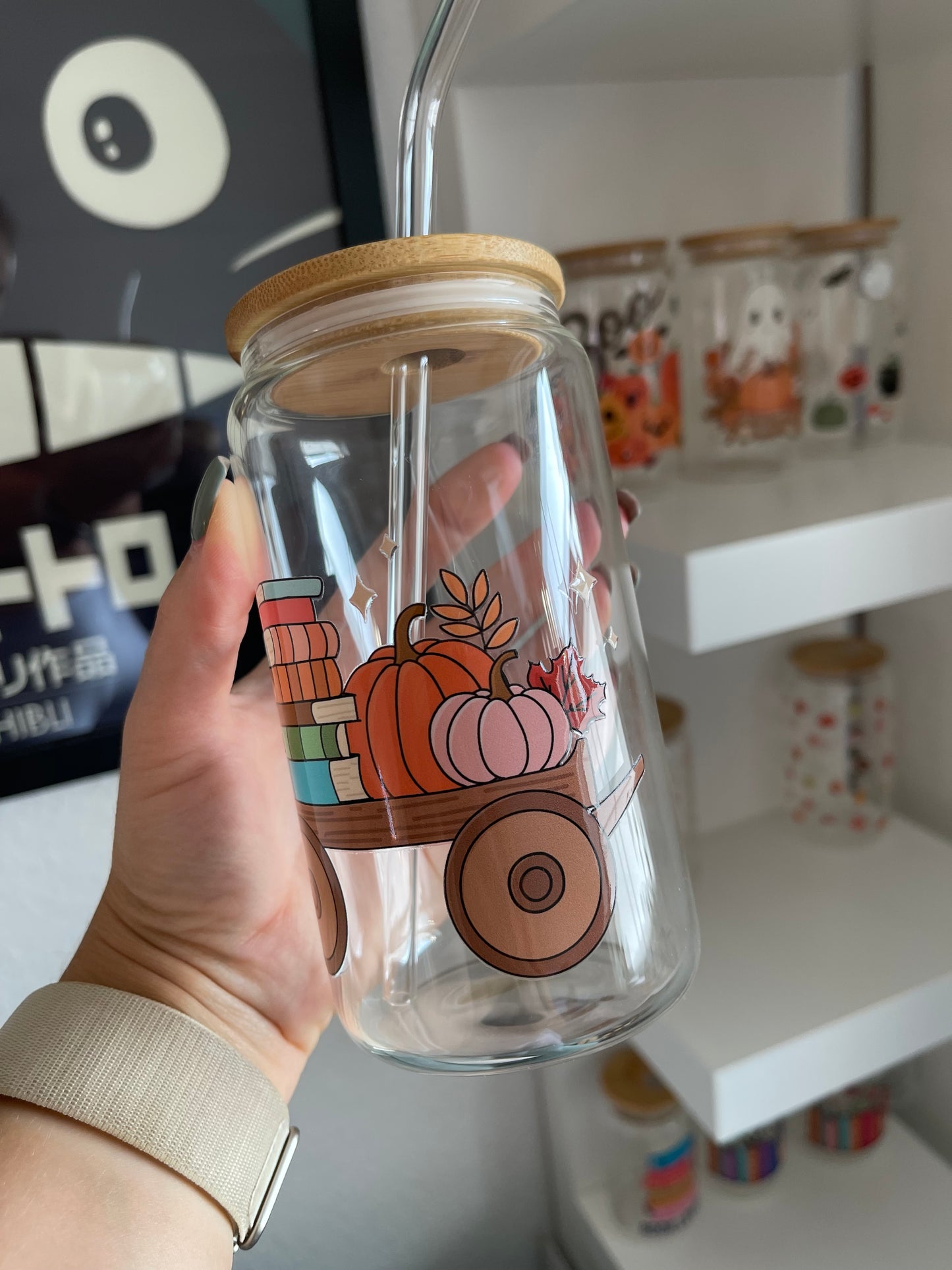 Glass Cup "Books & pumpkins“ 16oz