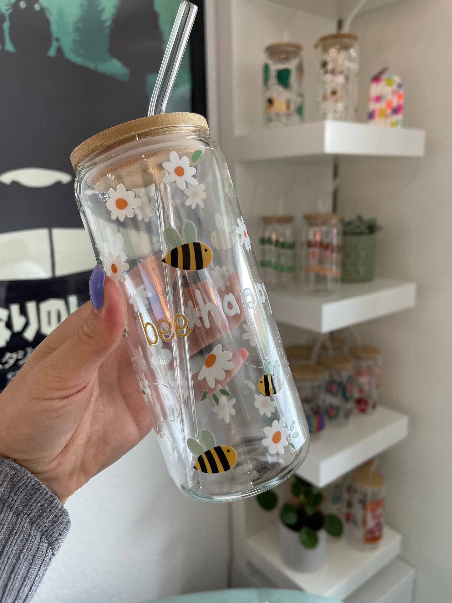 Glass Cup "Bee happy“ 22oz