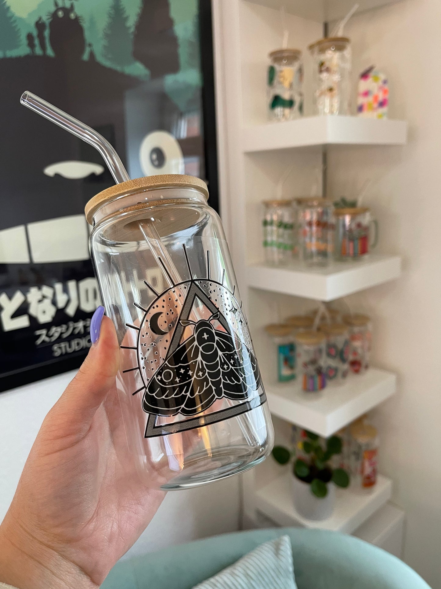 Glass Cup "Moth and moon“ 16oz