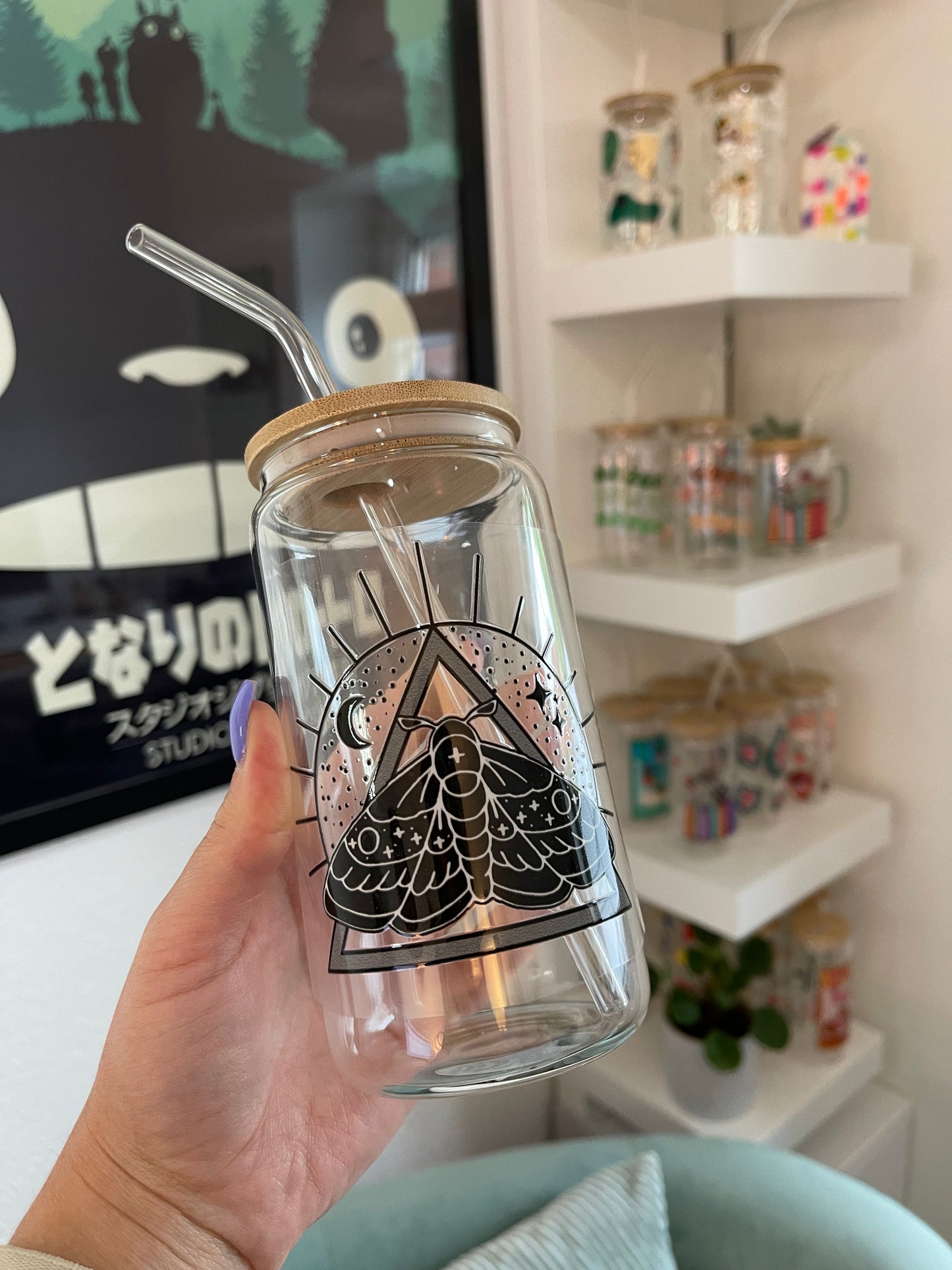 Glass Cup "Moth and moon“ 16oz