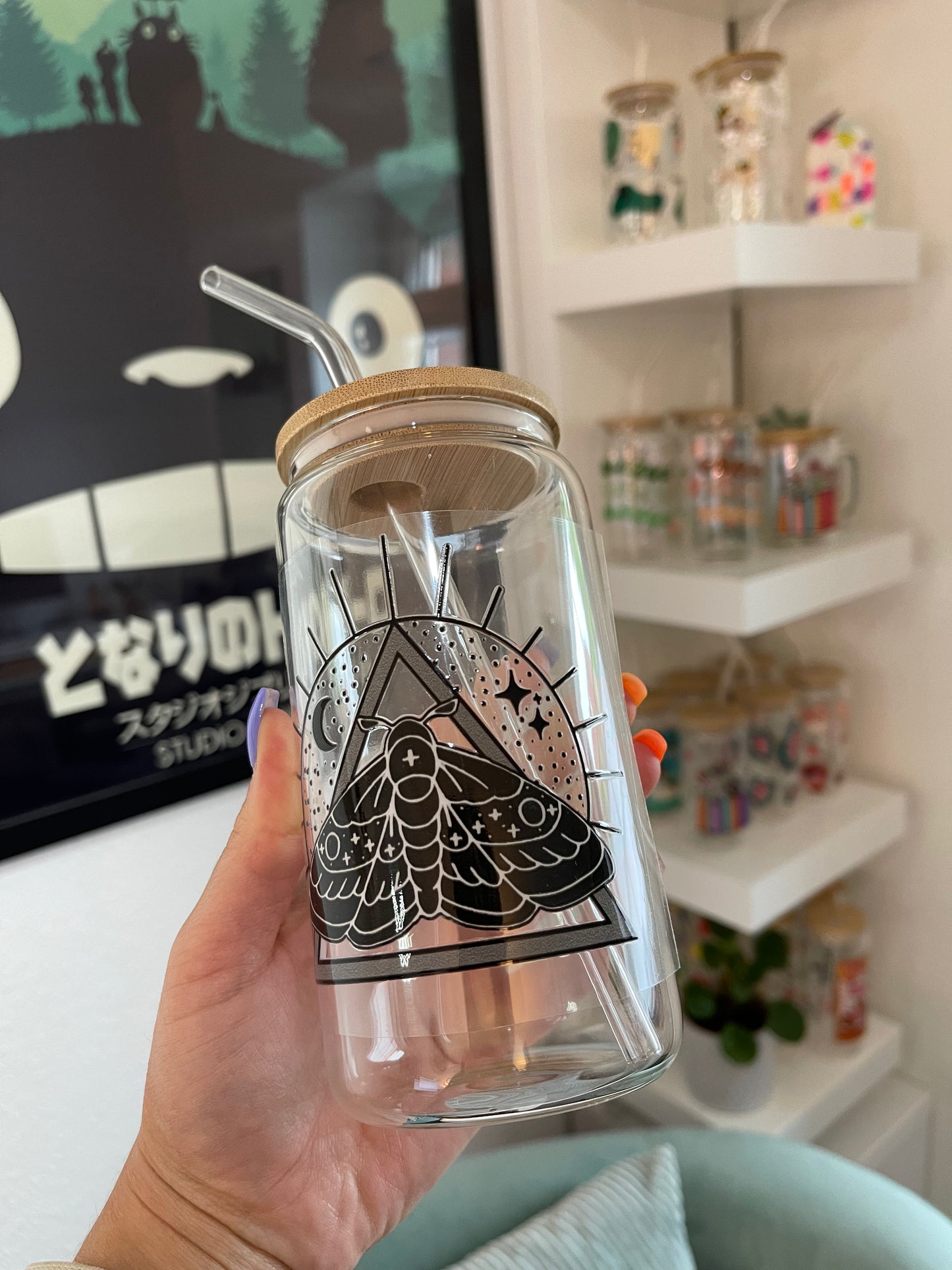 Glass Cup "Moth and moon“ 16oz