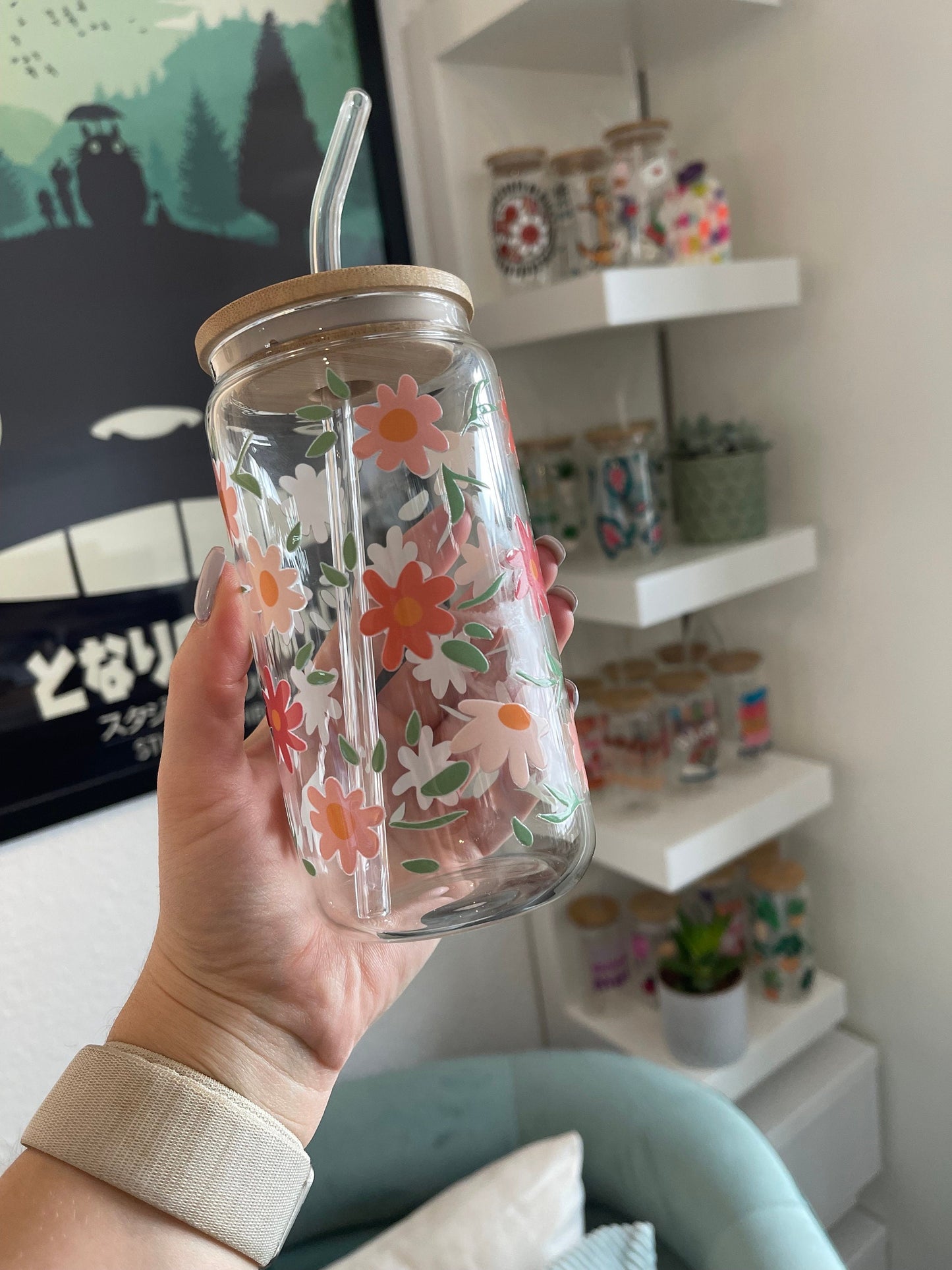 Glass Cup "Pink flowers“ 16oz