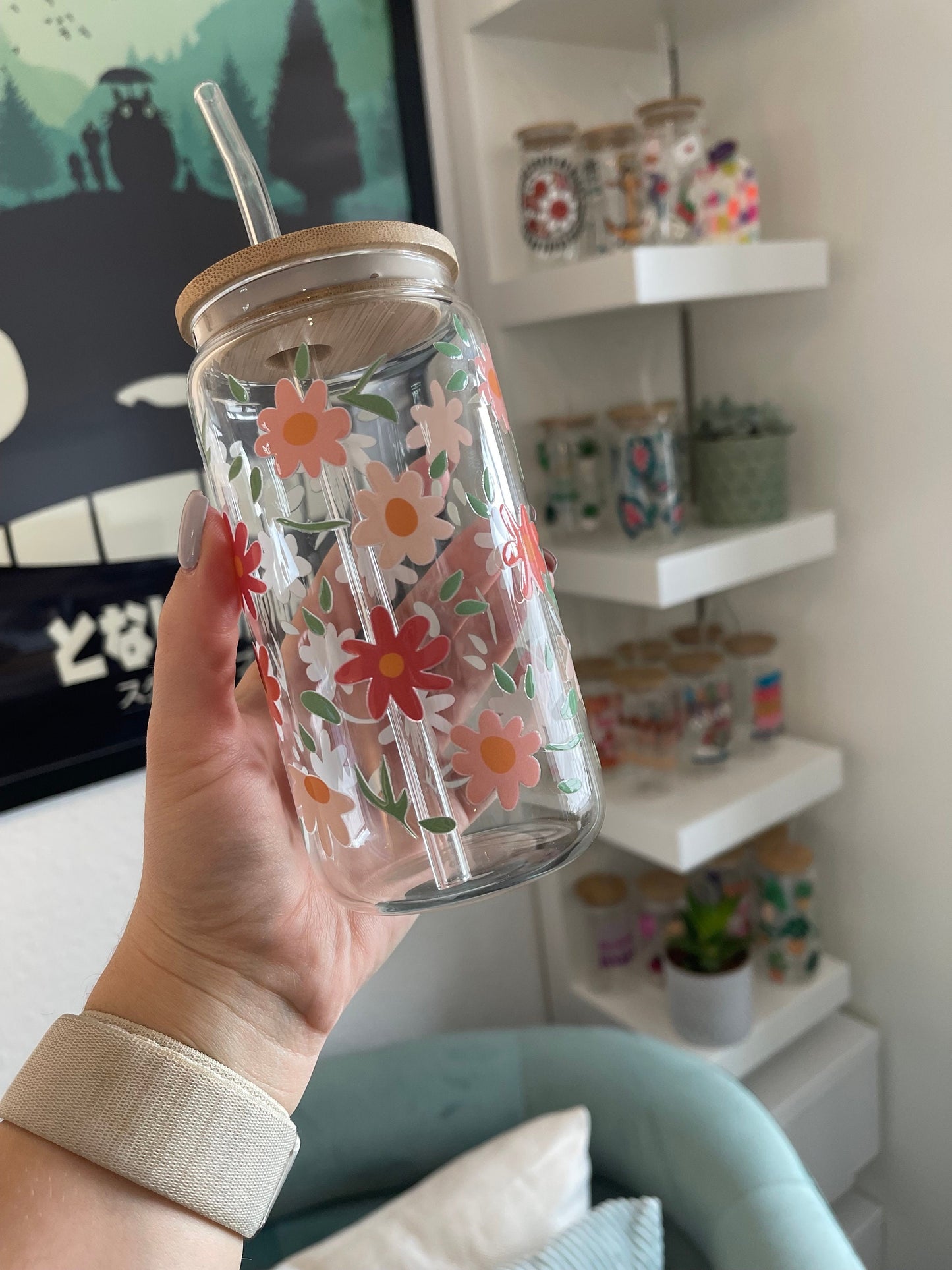 Glass Cup "Pink flowers“ 16oz