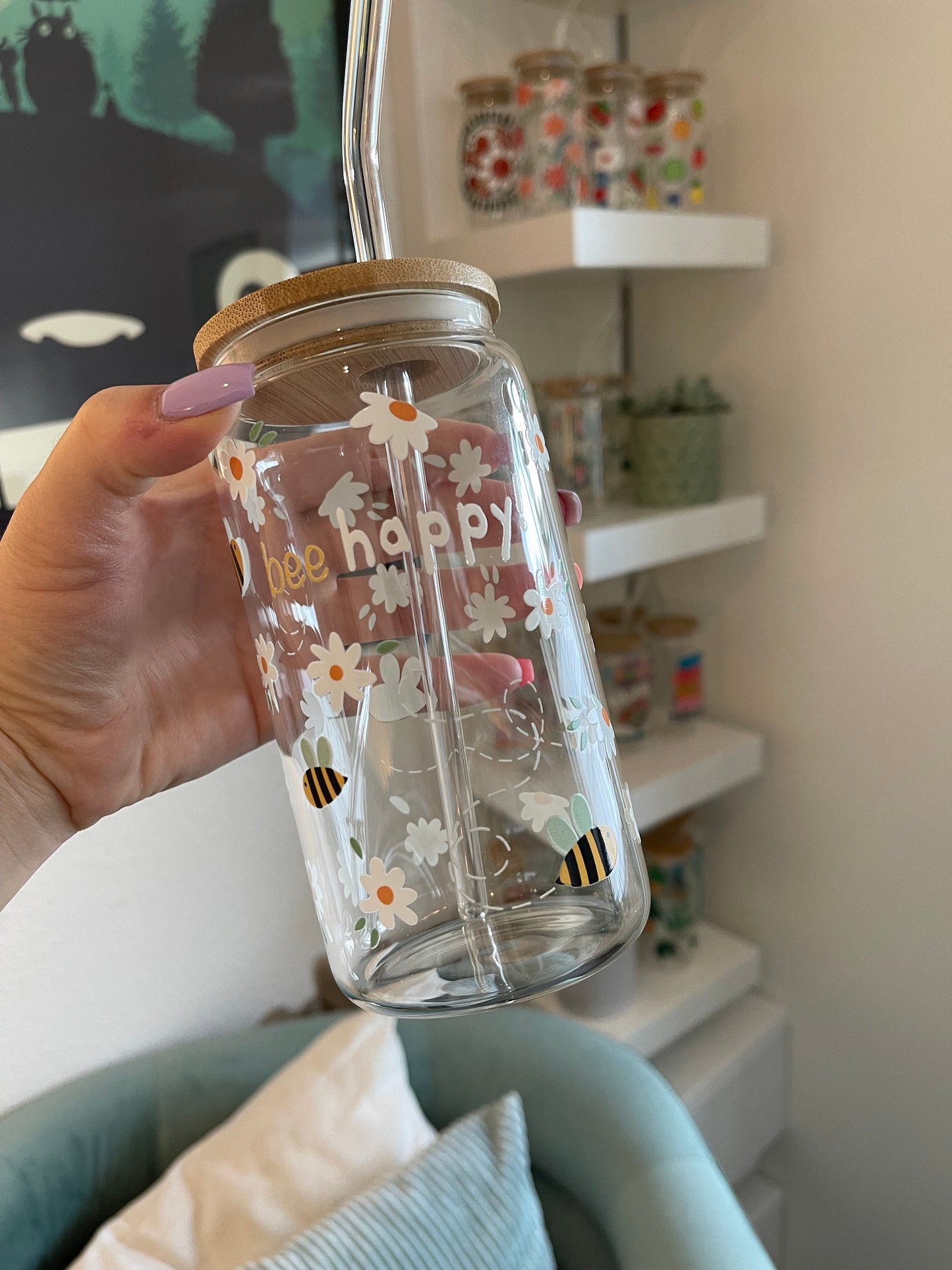 Glass Cup "Bee happy“ 16oz