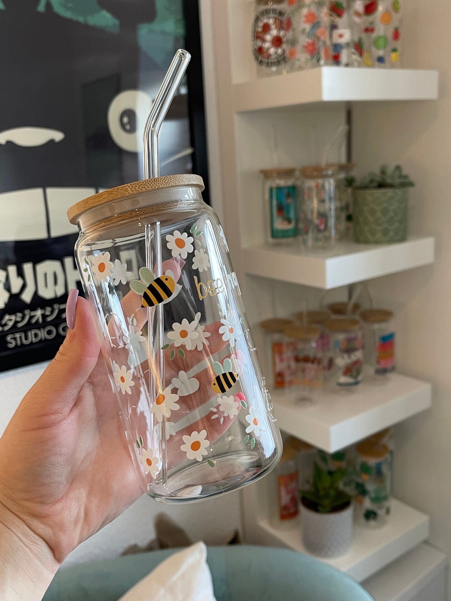 Glass Cup "Bee happy“ 16oz