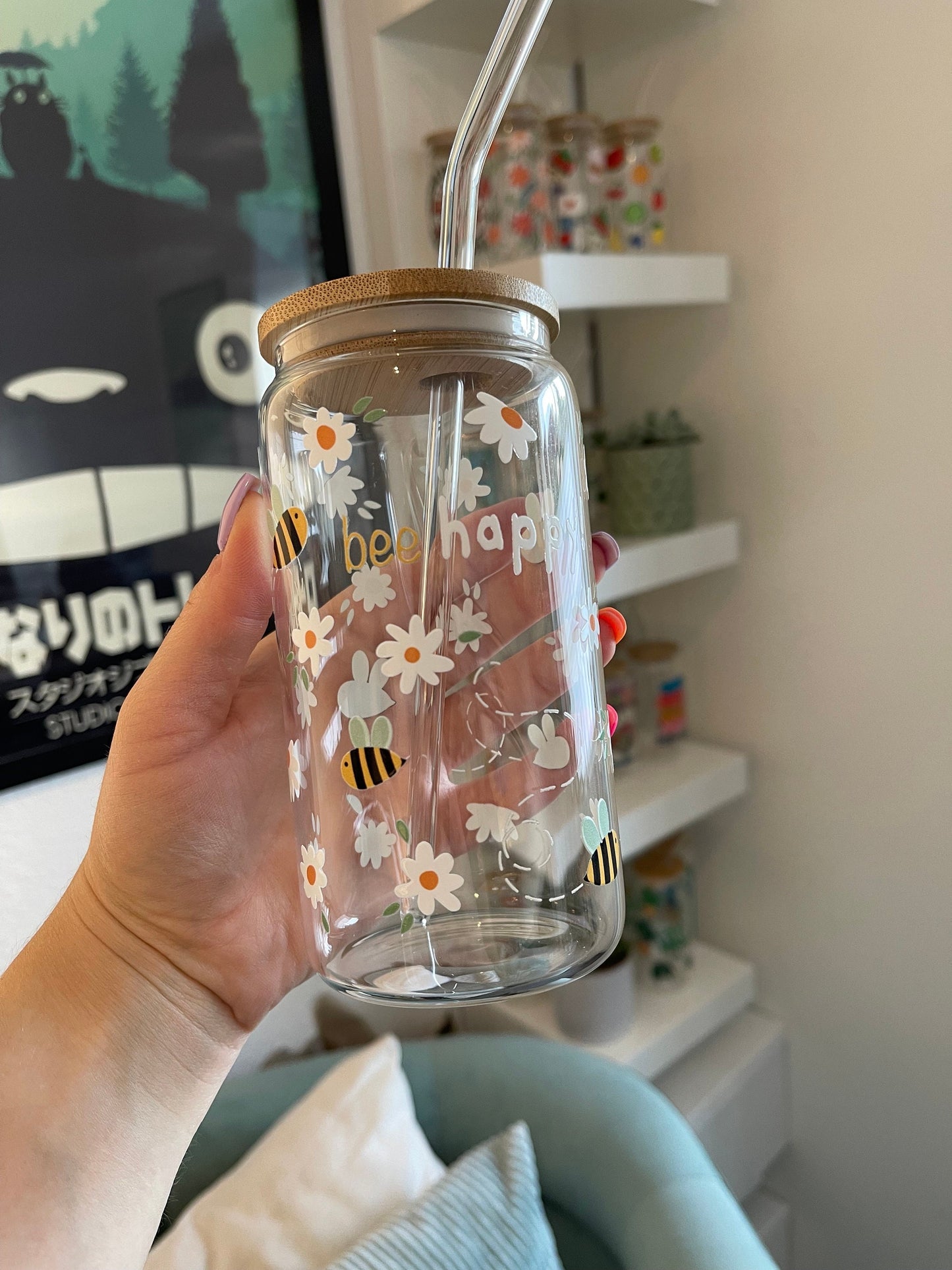 Glass Cup "Bee happy“ 16oz